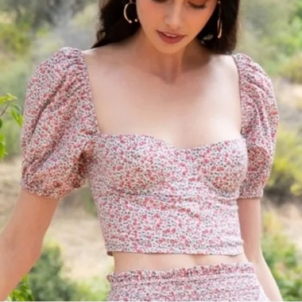 Lani The Label Women S Ditsy Floral Cotton Boho Puff Sleeve Bustier Crop Top NWT